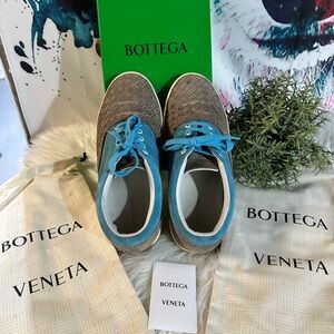Bottega Veneta Brown Woven Sneakers with Blue Trim sz 10